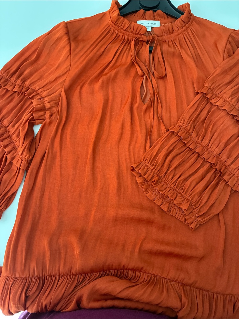Rebecca Taylor Rust Red Midi Dress with Ruffled Sleeves, 2 pockets, Size S - Picture 2 of 6
